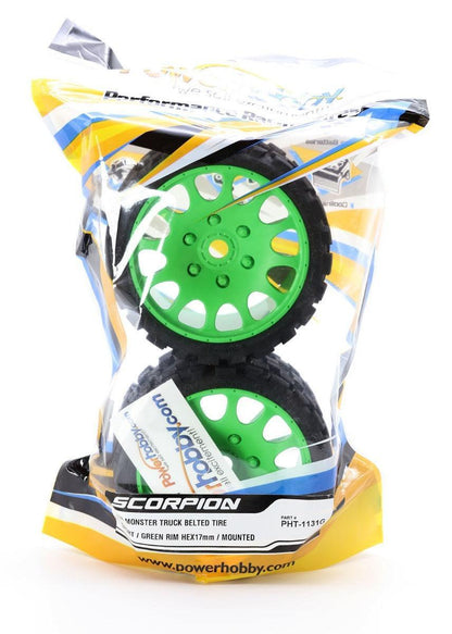 Powerhobby Scorpion Belted Monster Truck Tires / Wheels w 17mm Hex (2) GREEN