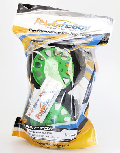 Powerhobby Raptor Belted Monster Truck Tires / Wheels w 17mm Hex (2) Sport GREEN