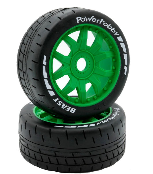Powerhobby 1/8 GT Beast Belted Mounted Tires 17mm Soft Green Wheels