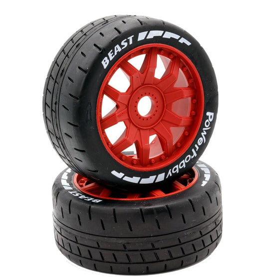 Powerhobby 1/8 GT Beast Belted Mounted Tires 17mm Medium Red Wheels