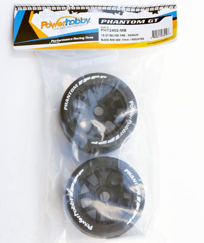 Powerhobby 1/8 GT Phantom Belted Mounted Tires 17mm Medium Black Wheels