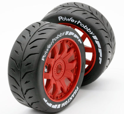 Powerhobby 1/8 GT Phantom Belted Mounted Tires 17mm Soft Red Wheels