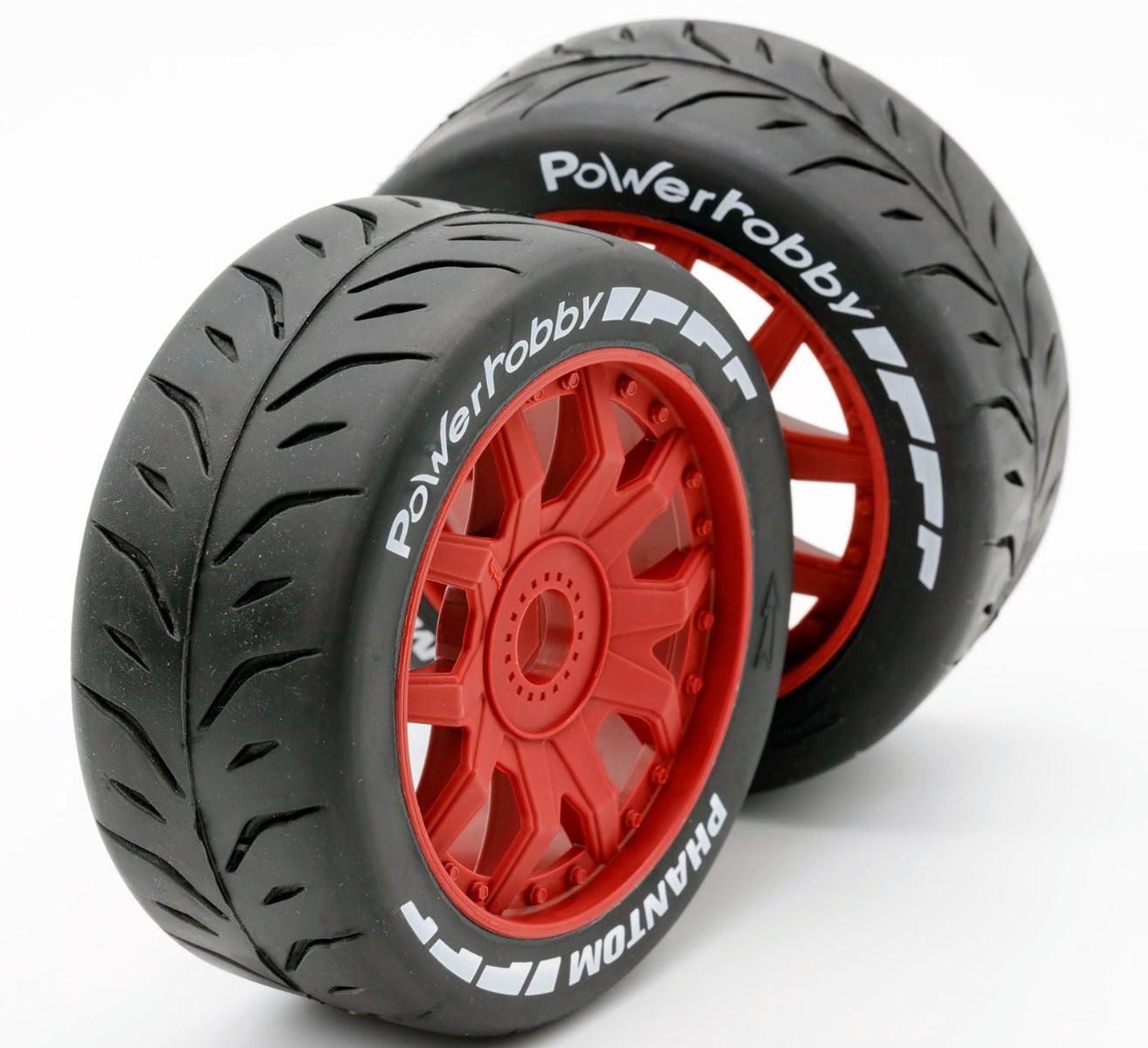 Powerhobby 1/8 GT Phantom Belted Mounted Tires 17mm Medium Red Wheels