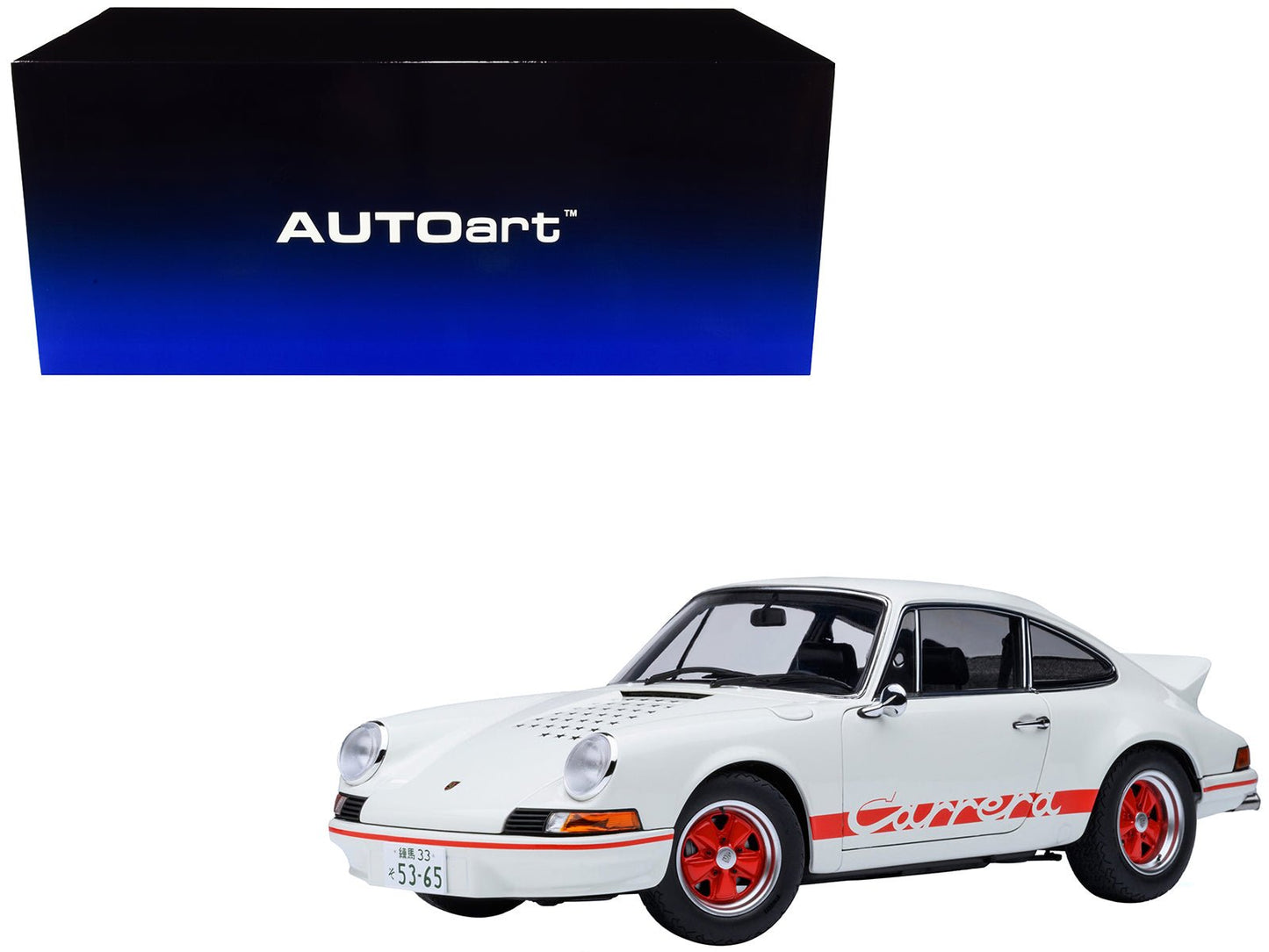 Porsche 911 Carrera 2.7 RS "The Circuit Wolf" White with Red Stripes and Wheels with Hood Graphics 1/18 Model Car by Autoart  free shipping USA