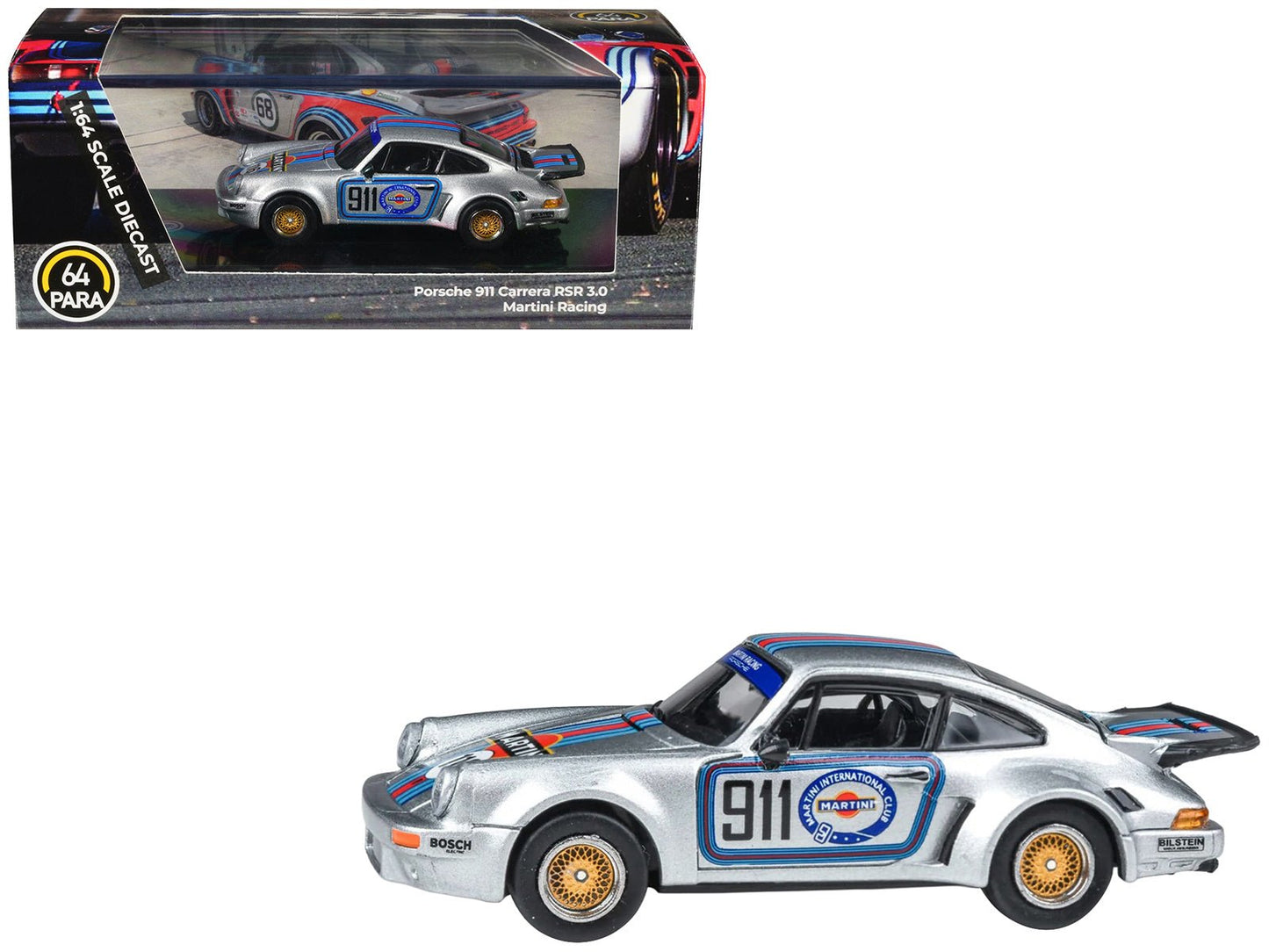 Porsche 911 Carrera RSR 3.0 "Martini Racing" Silver Metallic with Stripes 1/64 Diecast Model Car by Paragon Models  free shipping USA