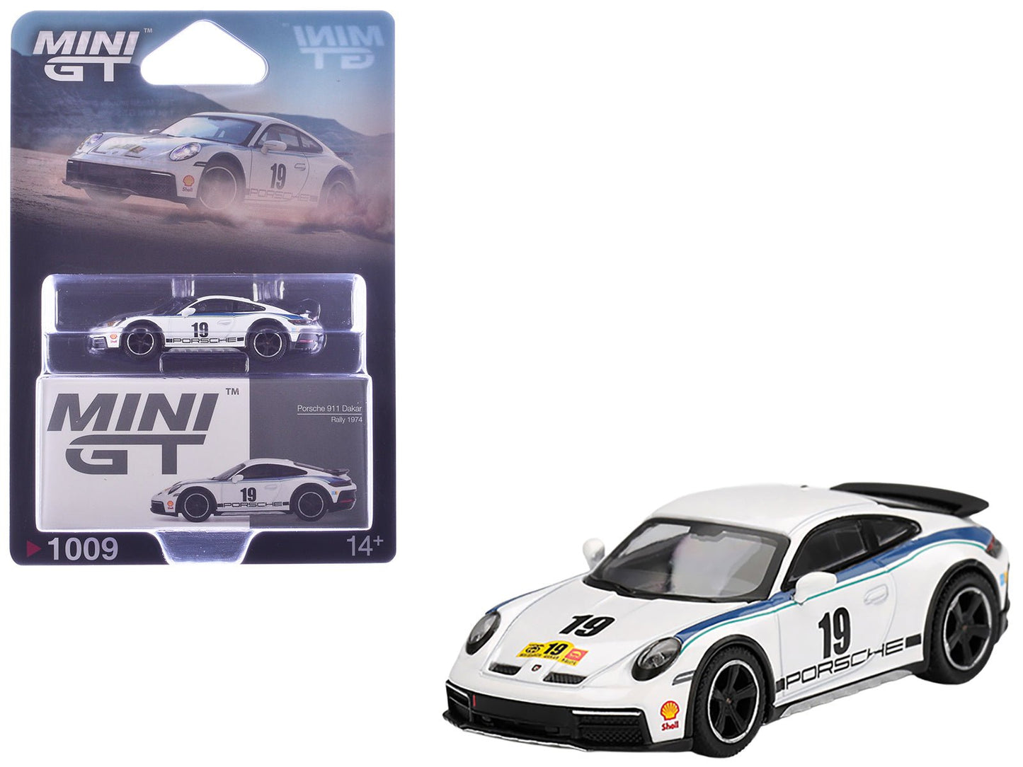 Porsche 911 Dakar #19 "Rally 1974" Tribute Livery White with Blue Stripes Limited Edition 1/64 Diecast Model Car by Mini GT  free shipping USA
