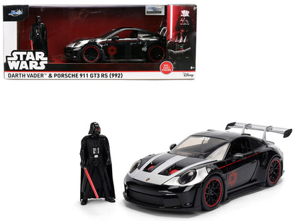 Porsche 911 GT3 RS (992) Black with Silver Hood and Graphics and Darth Vader Figure "Star Wars" Franchise "Hollywood Rides" Series 1/24 Diecast Model Car by Jada  free shipping USA