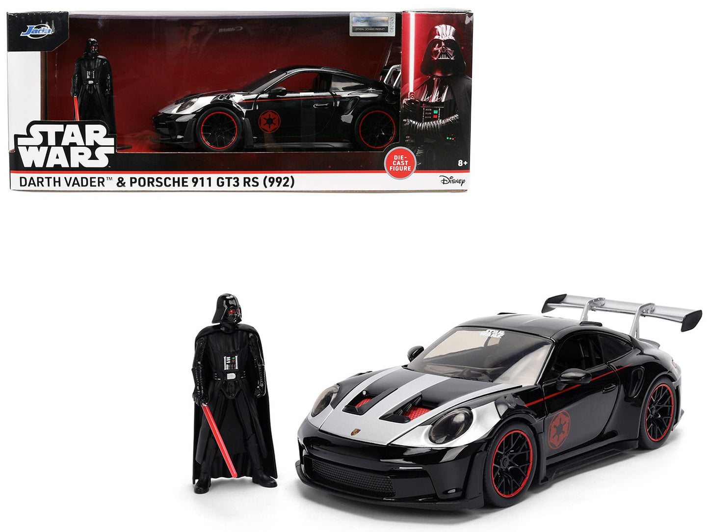 Porsche 911 GT3 RS (992) Black with Silver Hood and Graphics and Darth Vader Figure "Star Wars" Franchise "Hollywood Rides" Series 1/24 Diecast Model Car by Jada  free shipping USA