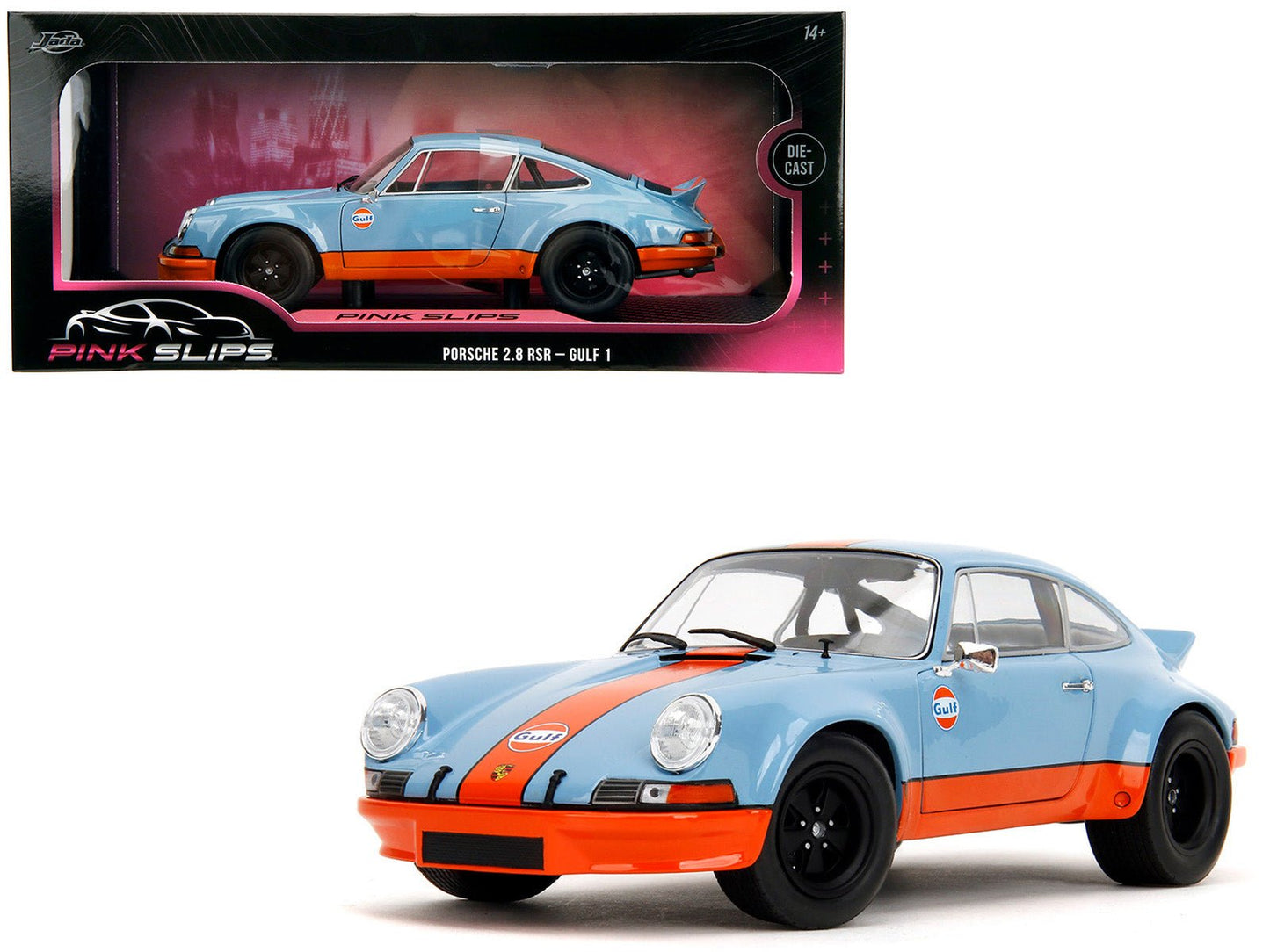 Porsche 911 RSR "Gulf Oil" Light Blue with Orange Stripes "Pink Slips" Series 1/18 Diecast Model Car by Jada  free shipping USA