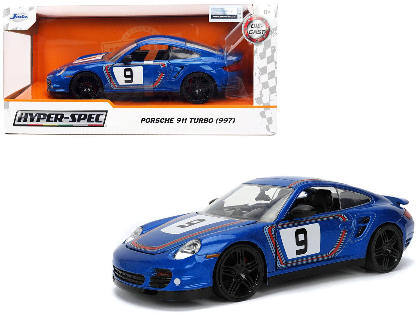 Porsche 911 Turbo (997) #9 Blue Metallic with Stripes "Hyper-Spec" Series 1/24 Diecast Model Car by Jada  free shipping USA