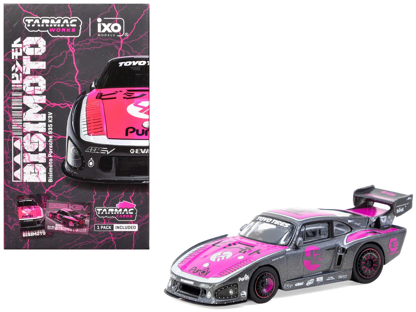 Porsche 935 K3V Bisimoto Gray Metallic with Pink Hood and Top with Tarmac Cards "Hobby64" Series 1/64 Diecast Model by Tarmac Works  free shipping USA