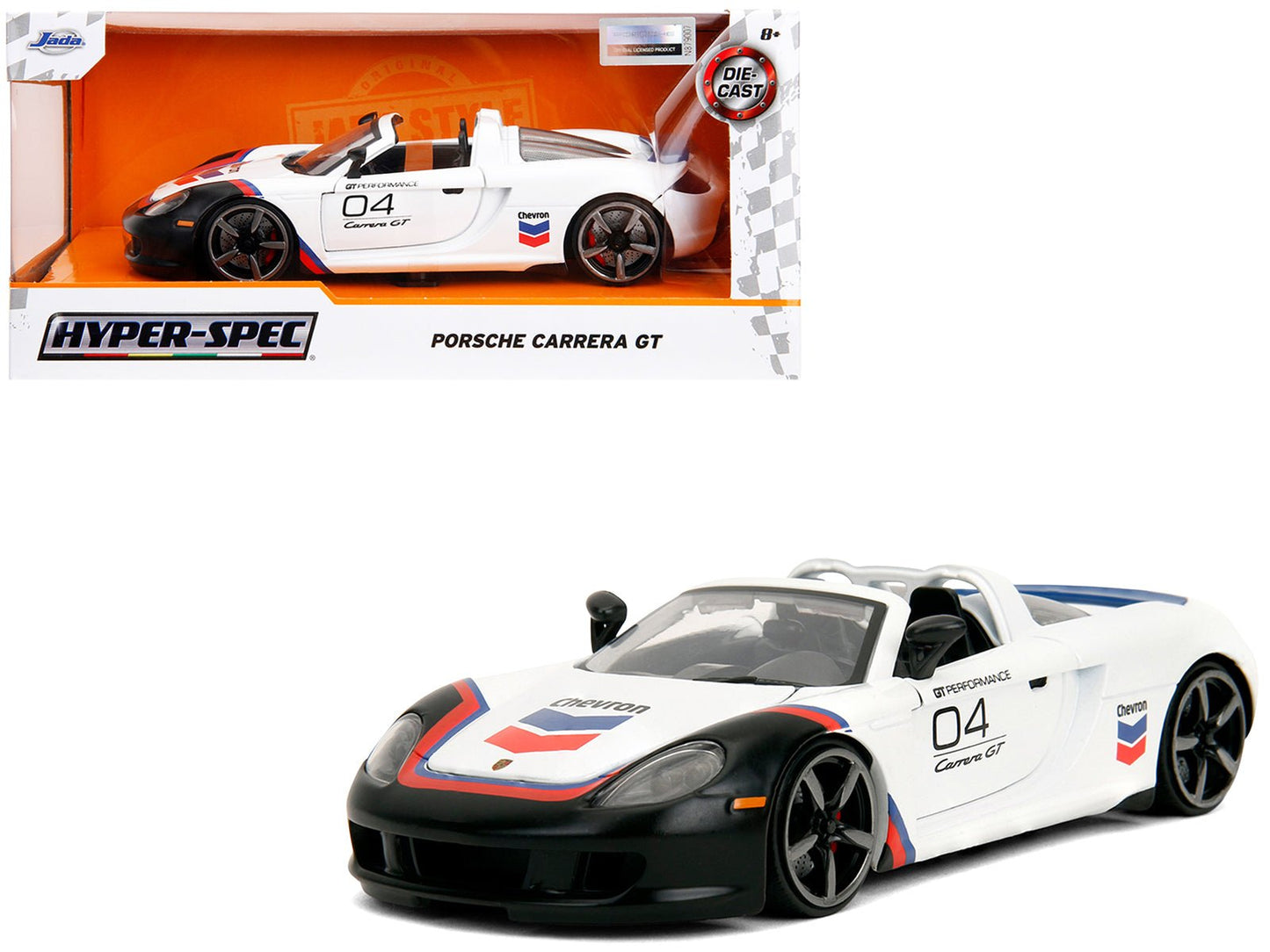 Porsche Carrera GT Convertible #04 "Chevron" White with Graphics "Hyper-Spec" Series 1/24 Diecast Model Car by Jada  free shipping USA