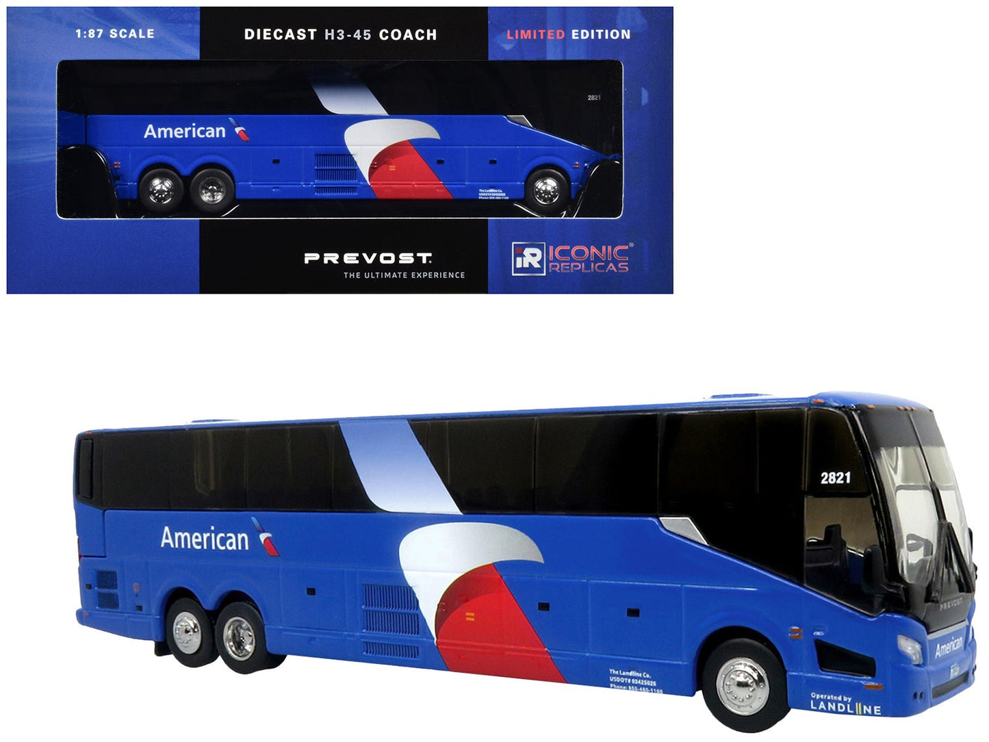 Prevost H3-45 Coach Bus "American Airlines Landline" Blue with Graphics Limited Edition 1/87 (HO) Diecast Model by Iconic Replicas  free shipping USA