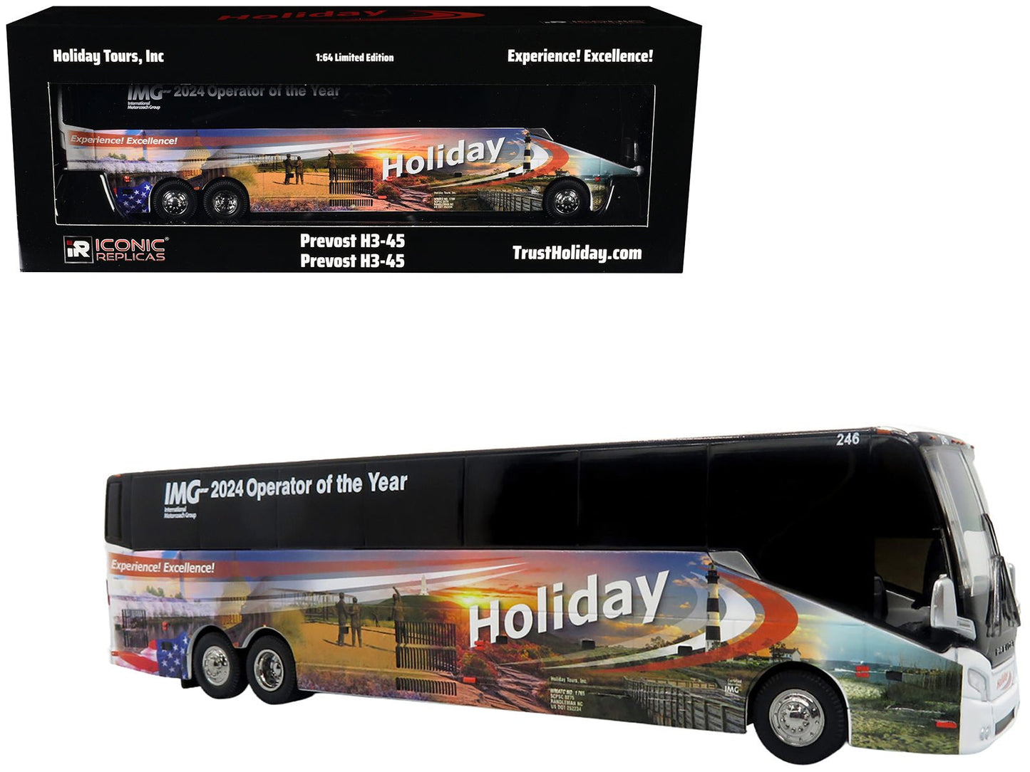 Prevost H3-45 Coach Bus "Holiday Tours - 2024 IMG Operator of the Year" White with Graphics Limited Edition 1/64 Diecast Model by Iconic Replicas  free shipping USA
