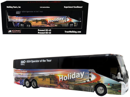 Prevost H3-45 Coach Bus "Holiday Tours - 2024 IMG Operator of the Year" White with Graphics Limited Edition 1/64 Diecast Model by Iconic Replicas  free shipping USA