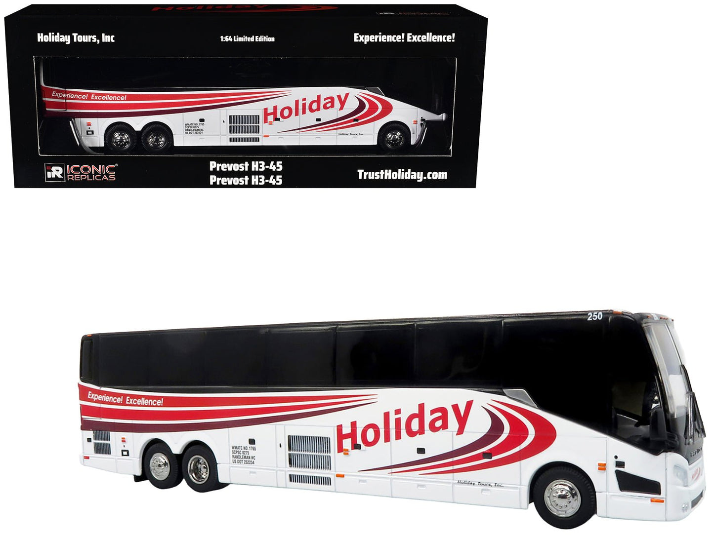 Prevost H3-45 Coach Bus "Holiday Tours" White with Red Graphics Limited Edition 1/64 Diecast Model by Iconic Replicas  free shipping USA