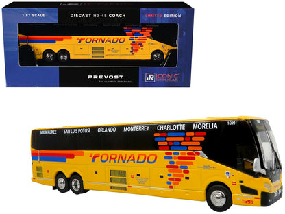 Prevost H3-45 Coach Bus "Tornado Bus Company" Yellow with Graphics Limited Edition 1/87 (HO) Diecast Model by Iconic Replicas  free shipping USA
