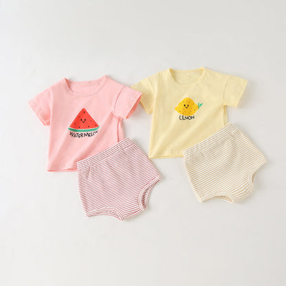 Baby Girl Fruit Pattern Short Sleeve Tops Combo Striped Graphic Triangle Shorts 1 Pieces Sets by MyKids-USA™