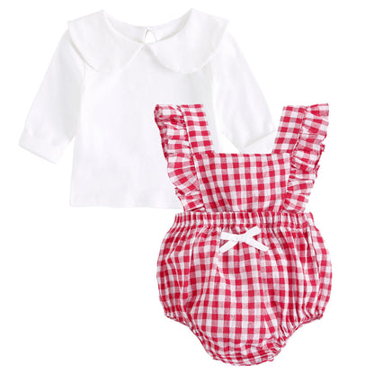 Baby Girl Doll Neck Solid Shirt & Red Plaid Graphic Bow Patched Bodysuit 1 Pieces Sets by MyKids-USA™