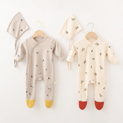 Baby Printed Graphic Side Button Design Long Sleeved Jumpsuit Romper Pajamas With Hat by MyKids-USA™