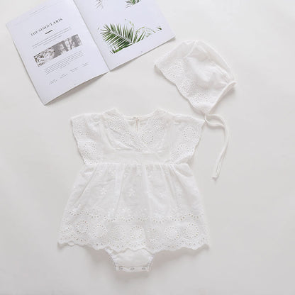 Baby Girls Solid Color Hollow Design V Collar Sleeveless Onesies Dress In Summer With Hat by MyKids-USA™