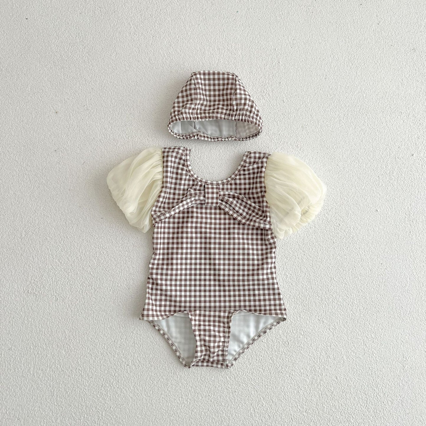 Baby Girl Plaid Pattern Mesh Sleeves Patchwork Swimwear With Hats by MyKids-USA™