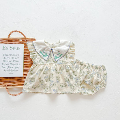 Baby Girl Floral Print Pattern Embroidered Lapel Sleeveless Tops Combo Shorts Two-Piece Sets by MyKids-USA™