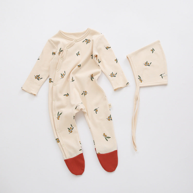 Baby Printed Graphic Side Button Design Long Sleeved Jumpsuit Romper Pajamas With Hat by MyKids-USA™