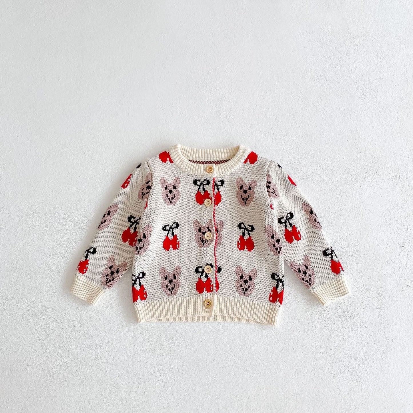 Baby Girl 1pcs Allover Cartoon Bear & Cherry Embroidered Graphic Bodysuit & Cardigan Knitted Sets by MyKids-USA™