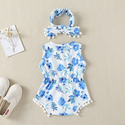 Baby Girl Printed Patterns Lace Design Sleeveless Onesie With Headband by MyKids-USA™