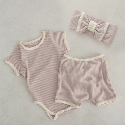Baby Unisex Solid Color Comfy Cotton Onesies & Shorts Sets With Headband by MyKids-USA™