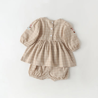 Baby Girl Floral Embroidered Pattern Plaid Graphic A-Line Tops Combo Shorts Sets by MyKids-USA™