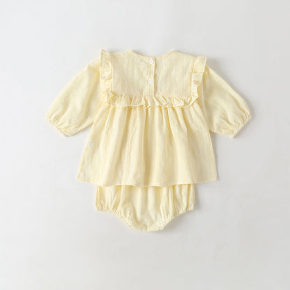 Baby Girl Solid Color Frill Trim Design Long-Sleeve Tops Combo Triangle Shorts Sets by MyKids-USA™