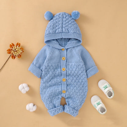Baby 1pcs Cable Knitted Graphic Button Front Design Rompers With Hairball Patched Hat by MyKids-USA™