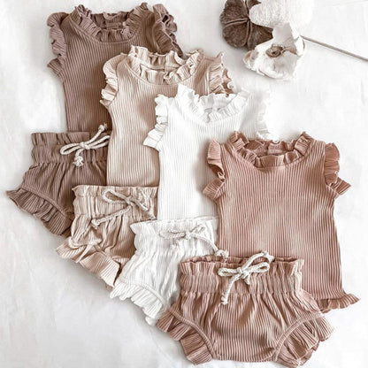 Baby Girl Wood Ear Design Solid Color Sleeveless Round Collar Tops Combo Shorts Sets IN Summer by MyKids-USA™
