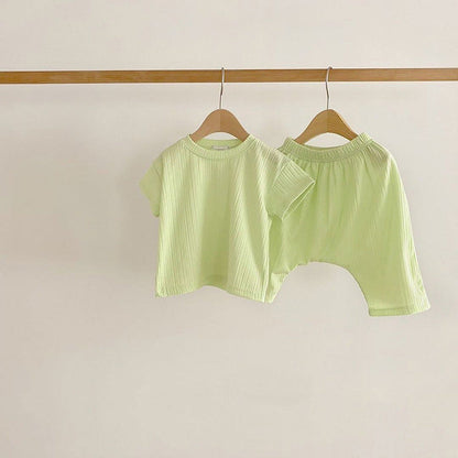 Baby Boys And Girls Solid Color Round Neck Short-Sleeved Top Combo Pants Sets Home Wear Pajamas In Summer by MyKids-USA™
