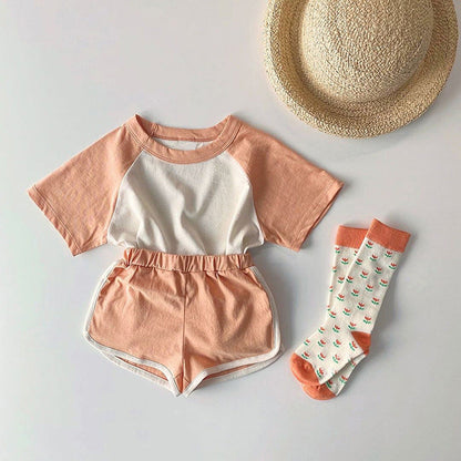 Baby Boys And Girls Color Patchwork Design Round Neck Short-Sleeved Top Combo Shorts Summer Cotton Sets by MyKids-USA™