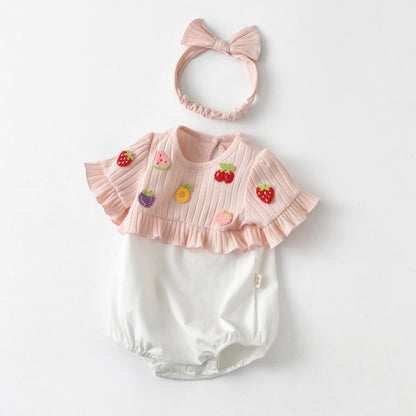 Baby Girls Fruit Embroidered Graphic Lace Sleeve Onesies & Headband by MyKids-USA™