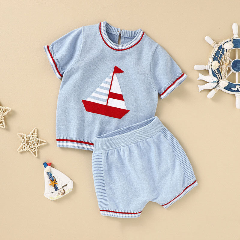Baby Boy Embroidered Graphic Striped Neck & Sleeve Design Tee Combo Shorts Sailor Style Sets by MyKids-USA™