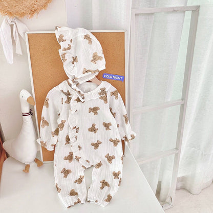 Baby Girls Bear Print Pattern Lace Design Round Collar Long-Sleeved Rompers With Hat by MyKids-USA™