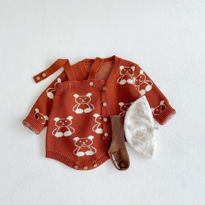 Baby Girl Cartoon Bear Embroidered Graphic Knitted Sleeveless Bodysuit & Cardigan 1-Pieces Sets by MyKids-USA™