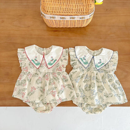 Baby Girl Floral Print Pattern Embroidered Lapel Sleeveless Tops Combo Shorts Two-Piece Sets by MyKids-USA™
