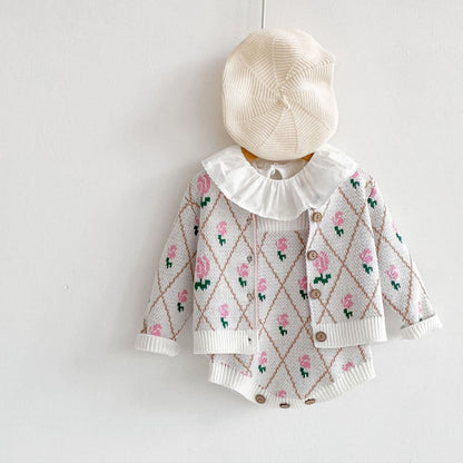 Baby Girl 1pcs Allover Roses Embroidered Graphic Crotch Bodysuit & Cardigan Handmade Knitted Sets by MyKids-USA™