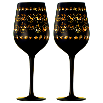 Crystal Halloween Stemmed Wine Glasses - Set of 2 - Pumpkin Themed Vibrant Black & Gold Spooky Ghost Pattern Frosted Glass, Perfect for Themed Gothic Parties Trick Or Treat Gifts for Him Her (16 OZ) by The Wine Savant