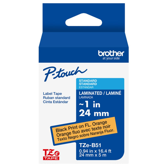 New, Pre-owned, Brother P-Touch TZE-B51 Tape, 1" (0.94") Wide Standard, Black on Fluorescent Orange, Laminated Tape