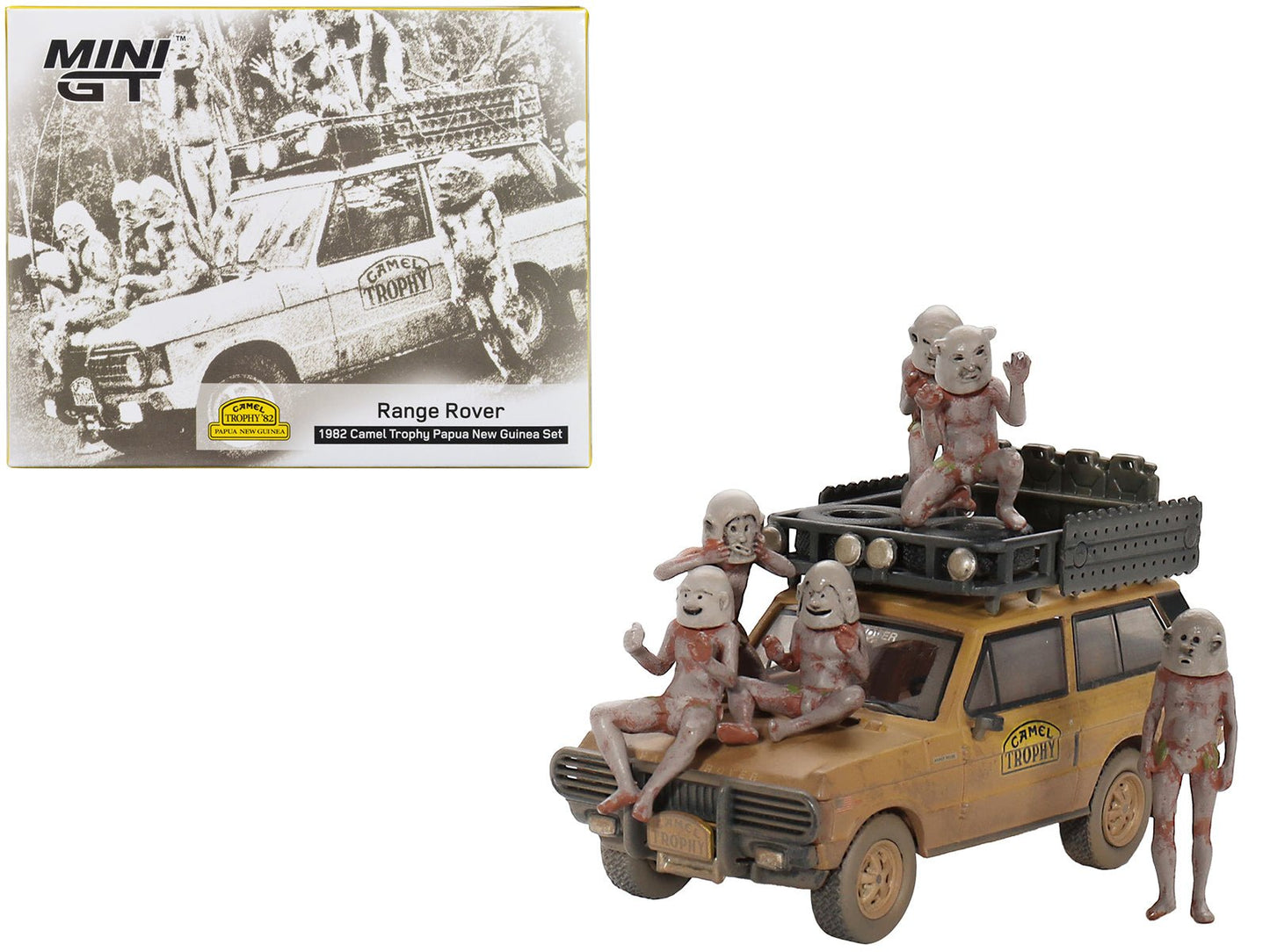 Range Rover with Roofrack Tan (Dirty Version) "Camel Trophy - Papua New Guinea Team USA" (1982) with "Papua New Guinea Asaro Mudmen" 6 piece Figure Set 1/64 Diecast Model Car by Mini GT  free shipping USA
