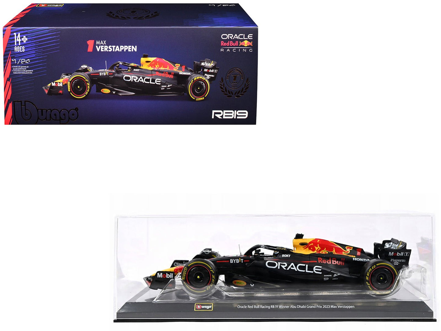 Red Bull Racing RB19 #1 Max Verstappen "Oracle" Winner Formula One F1 Championship "Drivers' Champion" (2023) with Display Case 1/24 Diecast Model Car by Bburago  free shipping USA