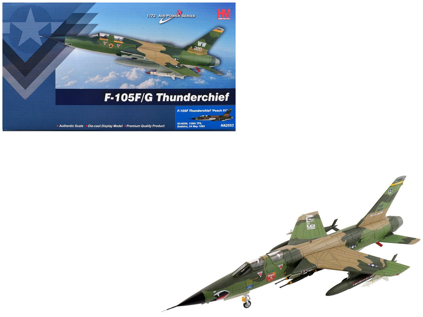 Republic F-105F Thunderchief Fighter-Bomber Aircraft "63-8299 Peach 91 128th Tactical Fighter Squadron Georgia ANG Dobbins Air Reserve Base" United States Air Force "Air Power Series" 1/72 Diecast Model by Hobby Master  free shipping USA