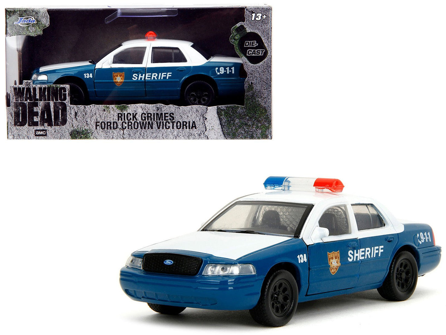 Rick Grimes' Ford Crown Victoria "Sheriff" Blue and White "The Walking Dead" (2010-2022) TV Series "Hollywood Rides" Series 1/32 Diecast Model Car by Jada  free shipping USA