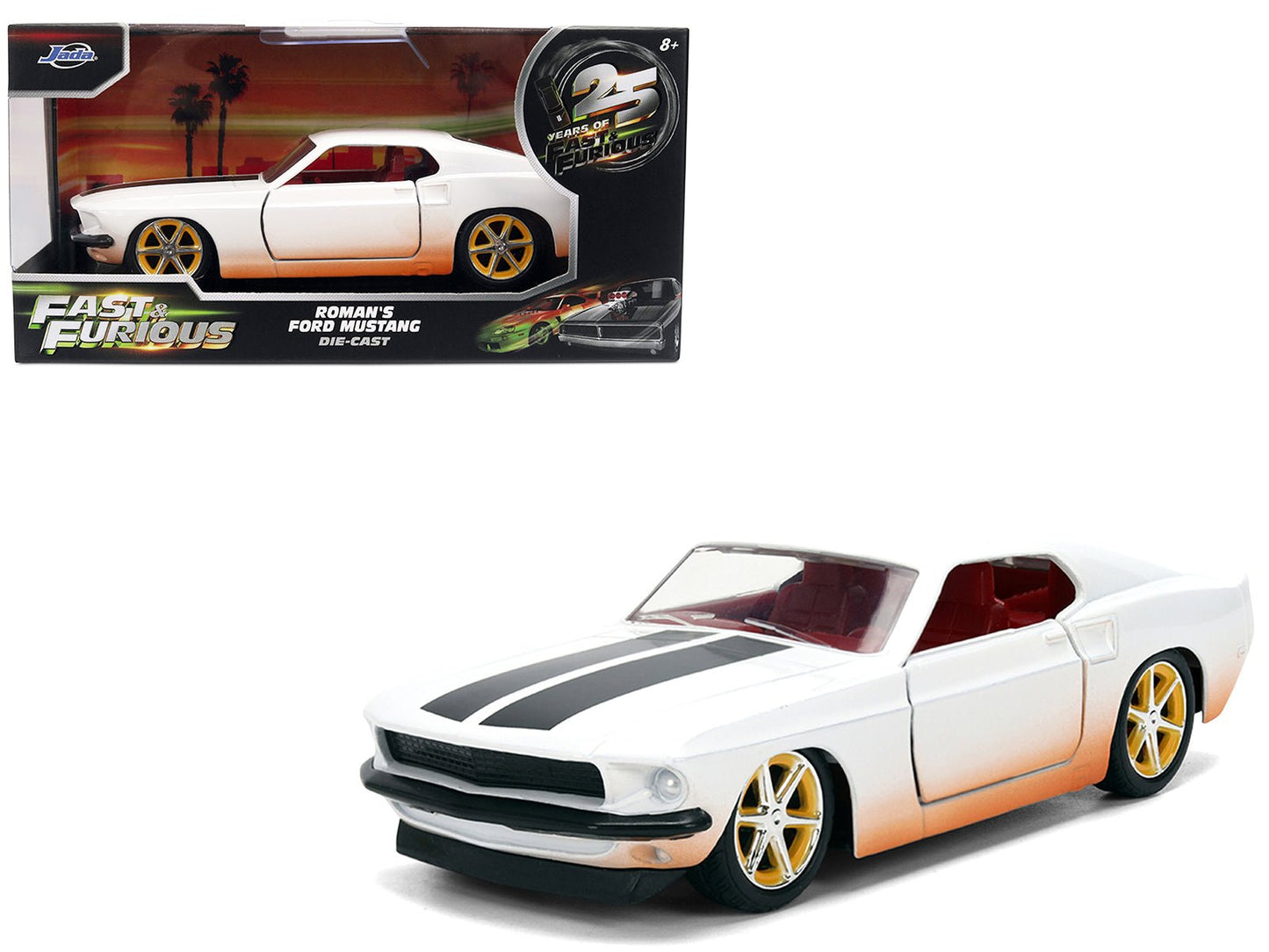 Roman's Ford Mustang White with Black Stripes and Red Interior (Dirty Version) "Fast & Furious" Movie "Fast & Furious 25th Anniversary" Series 1/32 Diecast Model Car by Jada  free shipping USA